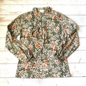 Vintage 70s Women’s Blouse Olive Green Floral Print Long Sleeves Size 10